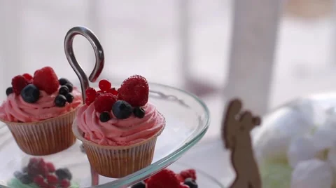 Sweet table with a beautiful decor. Pancake with fresh fruit. Stock Footage 65331693