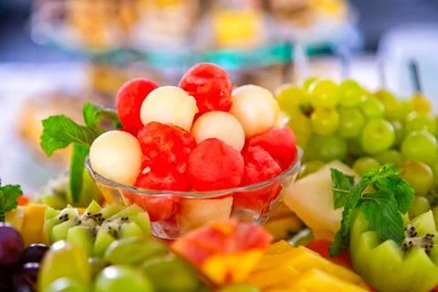 Sweet table with fruit, biscuits and chocolates.. Wedding catering. Candy and Stock Photos