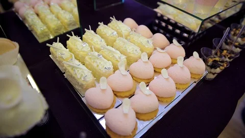 Sweet table. white chocolate. mousse. sweet snacks with white chokolate hearts Stock Footage 118300860