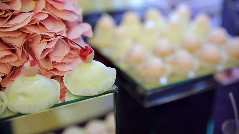 Sweet table. white chocolate. mousse. sweet snacks with white chokolate hearts Stock Footage 118300879
