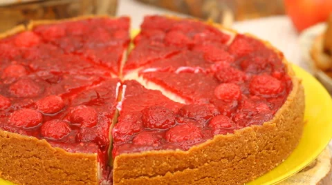 Sweet tart with berries on table Stock Footage 42873359