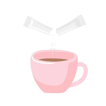 Sweet tea. Granules fall from torn sachet into cup of tea. Preparation of sugary Stock Illustration