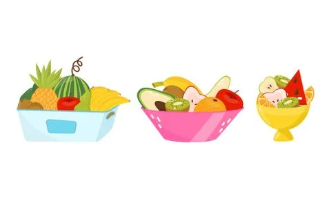 Sweet Tropical Fruit with Pineapple and Watermelon in Crate and Bowl Vector Set Stock Illustration