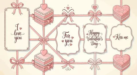 Sweet Valentine's Day Frames with Cakes and Macarons - Pink Ribbons and Heart Ilustração Stock