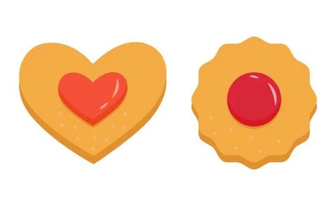 Sweet vector cookies with red jam filling in heart and round shapes Stock Illustration
