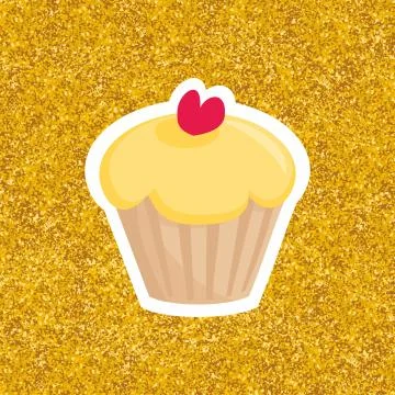 Sweet vector cupcake with red heart on gold background Stock Illustration