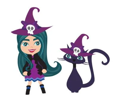 Sweet witch with cat Stock Illustration