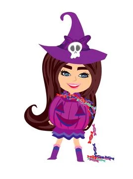 Sweet witch standing with pumpkin full of candy Stock Illustration