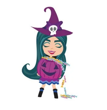 Sweet witch standing with pumpkin Stock Illustration