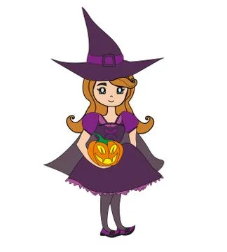Sweet witch standing with pumpkin Stock Illustration