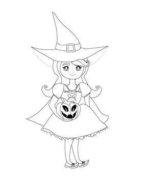 Sweet witch standing with pumpkin - isolated character, coloring book Stock Illustration