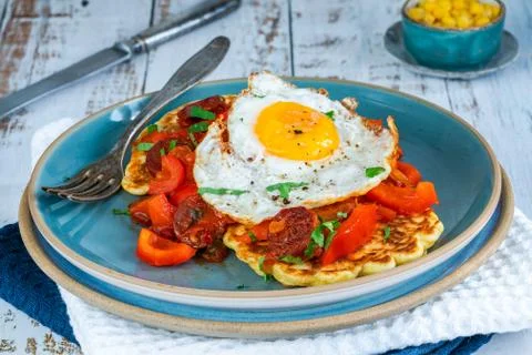 Sweetcorn pancakes with fried egg Foto stock