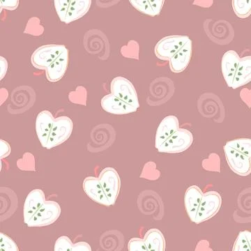 Sweetheart Repeat Pattern With Scattered Pink Apples And Swirls On Dusky Pink Stock Illustration