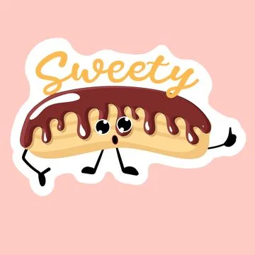Sweetie sticker. eclair with chocolate icing. Bakery logo. Vector illustratio イラスト素材