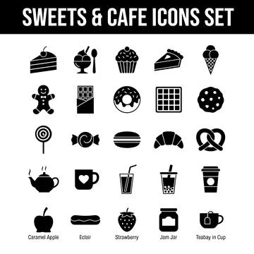 Sweets and cafe icons set featuring cake, ice cream, donut, croissant, pret.. Stock Illustration
