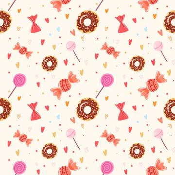 Sweets and candies seamless pattern with chocolate donuts, lollipops and choc Illustrazione stock