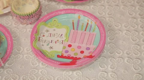 Sweets and decorations on the table to celebrate 1 year baby Stock Footage 63783370