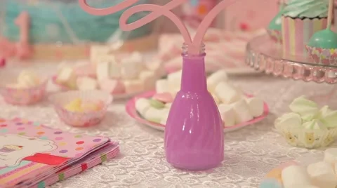 Sweets and decorations on the table to celebrate 1 year baby Stock Footage 63783372