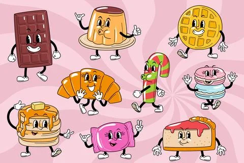 Sweets and pastry. Retro rubber hose style cartoon characters set, featurin.. Stock Illustration