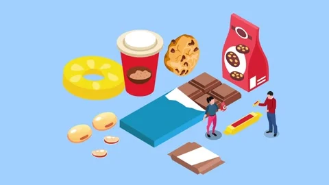 Sweets and Snacks Concept with Chocolate, Cookies, Coffee, and People 3d an.. Stock Footage 337945077