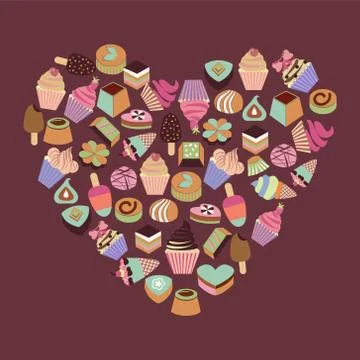 Sweets assortment of chocolates candy, ice-cream, cupcake Stock Illustration
