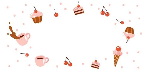 Sweets banner in modern flat design and copy space. Ice cream, coffee mug, cu Illustrazione stock