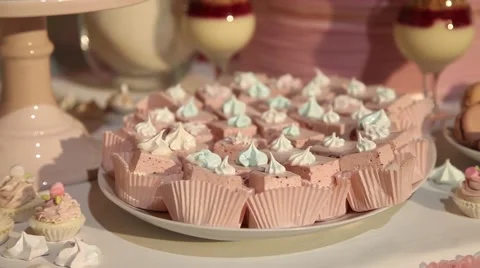 Sweets cake cakes and marshmallows on the table 스톡 동영상 64289606
