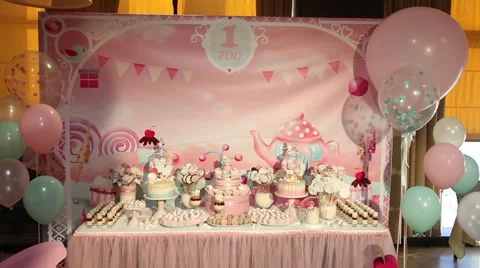 Sweets cake cakes and marshmallows on the table 스톡 동영상 64290093