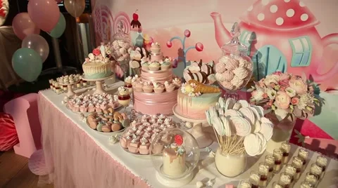Sweets cake cakes and marshmallows on the table Video stock 64290272