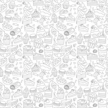 Sweets cakes, dessert seamless pattern, donuts, muffins, pancakes, cookies... Stock Illustration