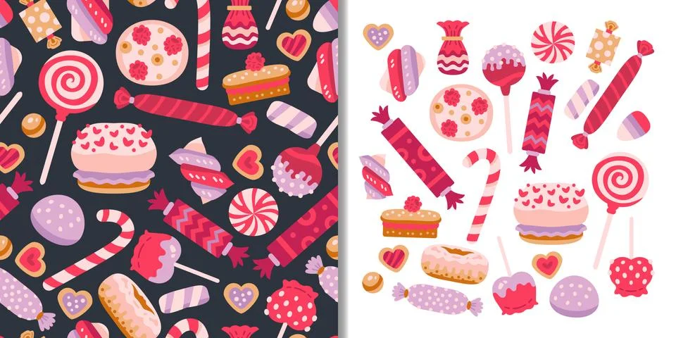 Sweets candies set with seamless pattern and cute elements jelly, lollypops, Stock Illustration