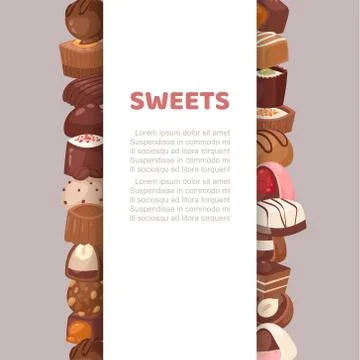 Sweets candy banner, vector illustration. Dessert chocolate food with cocoa Stock Illustration