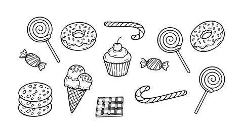 Sweets candy set icon doodle hand drawn. Outline line drawing clipart symbo.. Stock Illustration