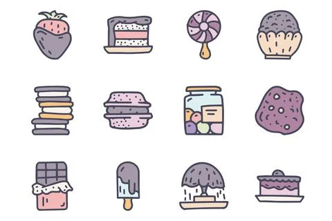 Sweets color vector doodle simple icon set Stock Illustration