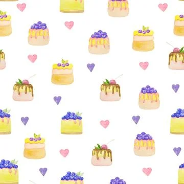 Sweets desserts pattern with shortcrust sponge cake and fruits Stock Illustration