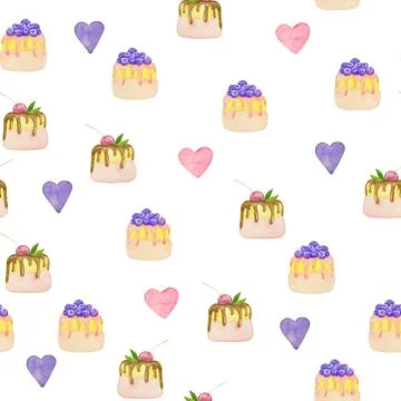 Sweets desserts pattern with shortcrust sponge cake and fruits Illustrazione stock