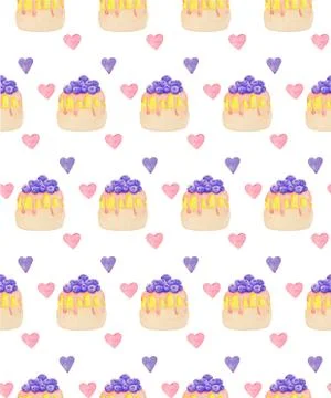 Sweets desserts pattern with shortcrust sponge cake and fruits Stock Illustration