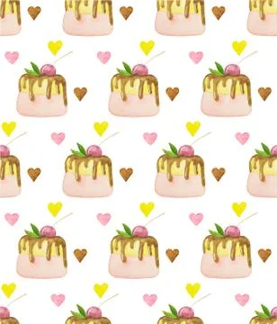 Sweets desserts pattern with shortcrust sponge cake and fruits Stock Illustration