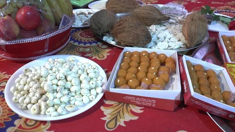Sweets Display in Shagun lagan wedding rituals Close up Stock Footage 129841002