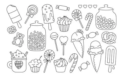 Sweets doodle set jelly bear spiral lollipop pretzel caramel party sweet food Stock Illustration
