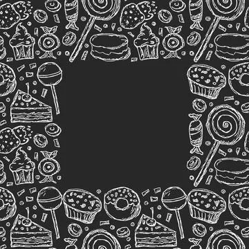 Sweets frame. Doodle vector with sweets icons. Vintage sweets background Stock Illustration