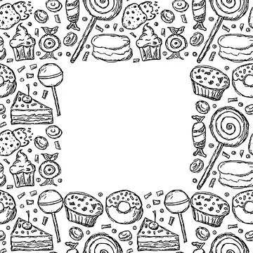 Sweets frame. Doodle vector with sweets icons. Vintage sweets background Stock Illustration