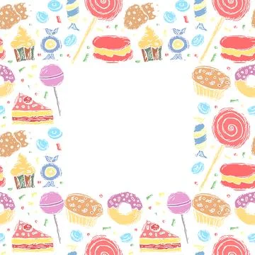 Sweets frame. Doodle vector with sweets icons. Vintage sweets background Illustrazione stock