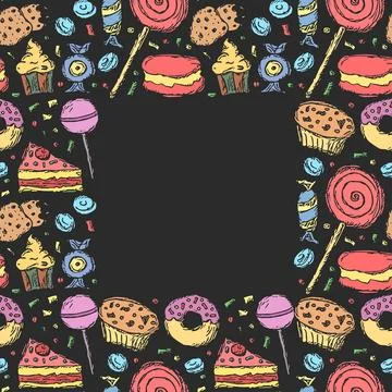 Sweets frame. Doodle vector with sweets icons. Vintage sweets background Stock Illustration