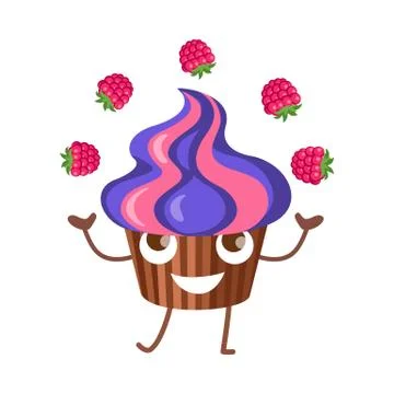 Sweets. Fruit Cupcake Juggle with Four Raspberries Stock Illustration