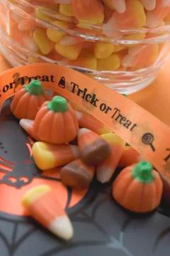 Sweets for Halloween (candy corn, pumpkin sweets) Stock Photos