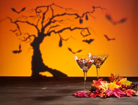 Sweets in halloween setting with tree Stock Photos