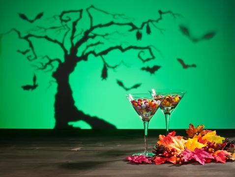 Sweets in halloween setting with tree Stock Photos