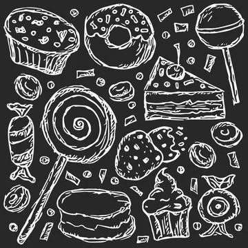 Sweets icons. Doodle vector with sweets icons on white background Stock Illustration