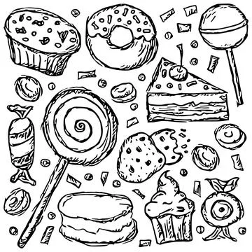 Sweets icons. Doodle vector with sweets icons on white background Stock Illustration